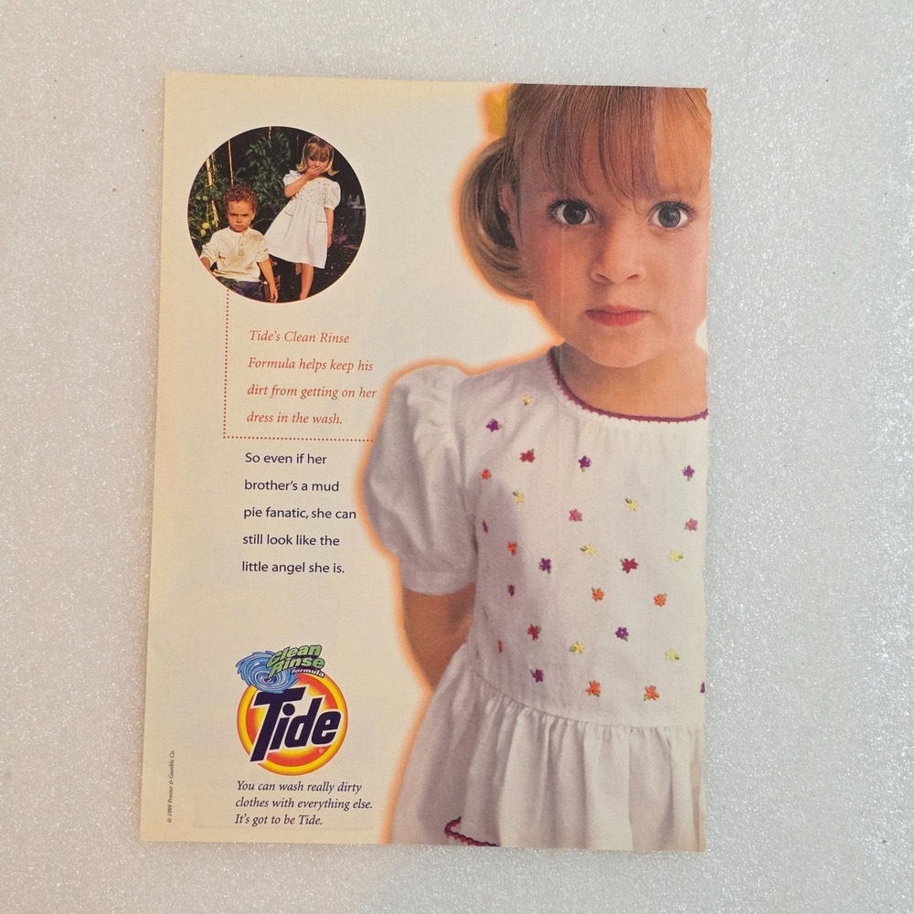 Vintage 2000 Tide Clean Rinse Print Ad Girl Dress Boy Mud 8x10.5 Magazine Clip